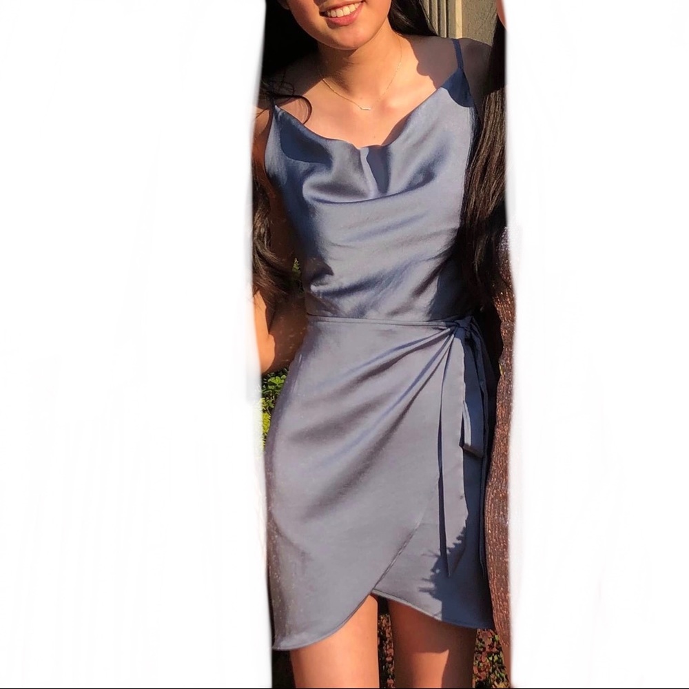 Satin Blue Cowl Neck Mini Wrap Dress
